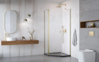 Ограждение RADAWAY Nes Brushed Gold PTJ 90x90 пятиугольное брашированное золото, прозрачное, правое